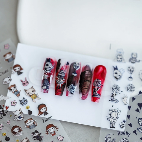 Gotische Nagelaufkleber Geprägt 5D Dunkles Imperium Selbstklebend Katze Rose Mädchen Design Für DIY Maniküre Dekorationen