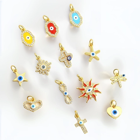 Ciondoli Malocchio Gioielli Fai Da Te Rame Placcato Oro Vero Zircone Mano Di Fatima Croce Cuore Stella Per Collana Bracciale