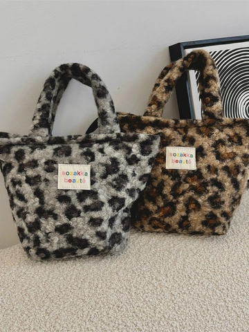 Sac À Main En Peluche Imprimé Léopard Femme Automne Hiver Doux Fourrure Cabas Avec Fermeture Éclair Petit Sac Décontracté