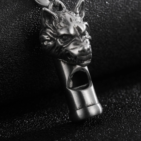 Vintage Wolf Head Whistle Pendant Necklace Titanium Steel Men Functional Matte Finish Retro Bold Animal Jewelry Design