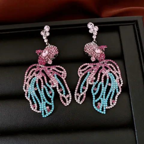 Vintage Goldfish Drop Earrings Multi Color Rhinestone Inlaid Hollow Tail Alloy With 925 Sterling Silver Earring Post