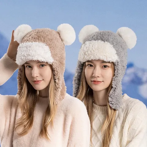 Cappello Trapper Caldo In Peluche Invernale Berretto Con Paraorecchie In Pelliccia Sintetica Simpatiche Orecchie Da Orso