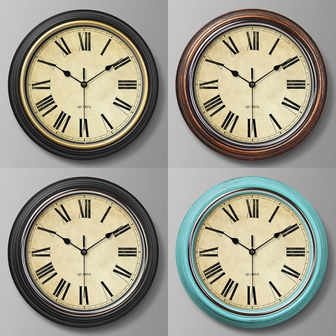 Retro Ronde Wandklok Stil Quartz Uurwerk Kunststof Frame Glazen Spiegel Europese Vintage Stijl Woonkamer Decoratie