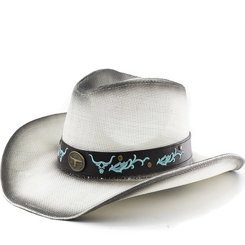 Western Cowboy Hat Paper Straw Wide Curved Brim Gradient Bull Head Band Outdoor Sun Beach Fashion