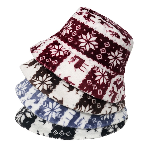 Sombrero De Pescador De Navidad Patrón Reno Copo De Nieve Felpa Piel Sintética Invierno Cálido Sombrerería Festiva Mujeres Hombres