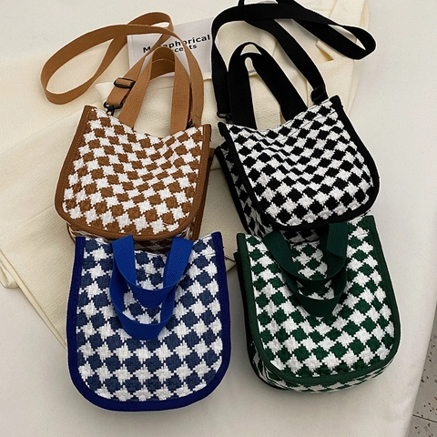 Houndstooth Pattern Crossbody Bag Women Knitted Checkerboard Handbag Adjustable Strap Casual Shoulder Bag Vintage Tote