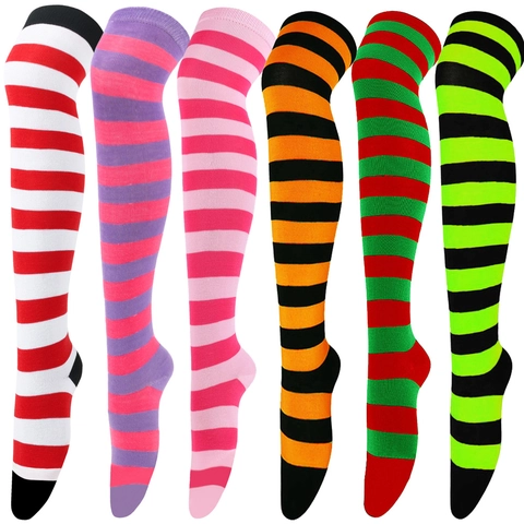 Women Thigh High Socks Striped Over The Knee Stockings Polyester Breathable For Cosplay Anime Casual Style