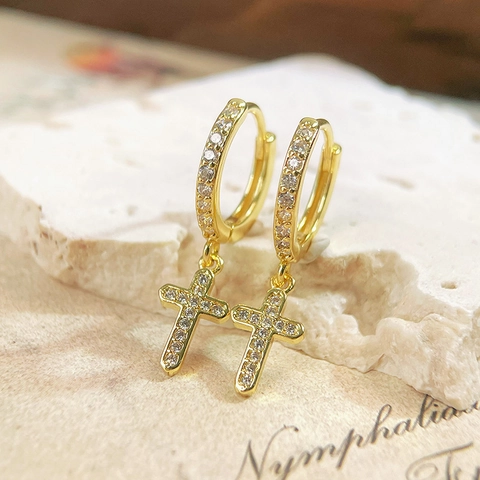 Micro Pave Zirkonia Kreuz Anhänger Hoop Ohrringe Damen Vintage Kupfer Schmuck