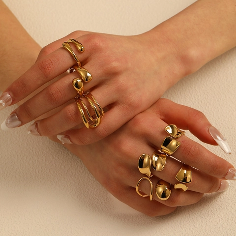 Bagues Ouvertes Géométriques Irrégulières Acier Inoxydable Plaqué Or 18K Texture Métal Liquide Goutte Eau Ajustable Minimaliste