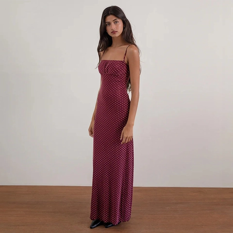 Sexy Backless Polka Dot Maxi Dress Polyester Spandex Burgundy Slim Fit Camisole French Style Evening Party Women