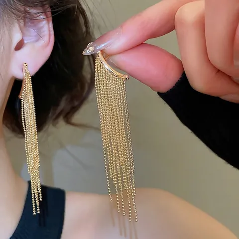 Long Tassel Dangle Earrings Gold Plated Copper With Silver Earring Post French Vintage Ball Chain Jewelry For Women