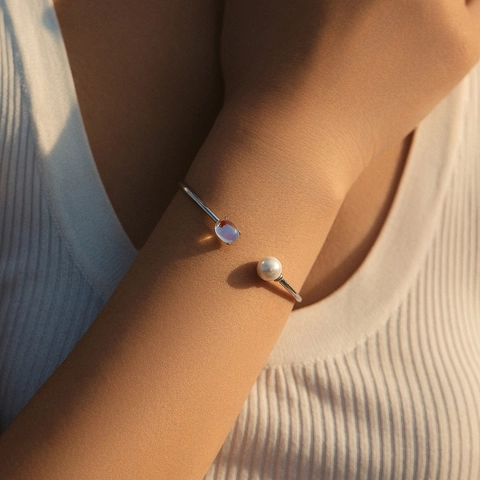 Bracciale Rigido Aperto in Argento Sterling 925 con Perla e Pietra di Luna Donna Eleganza Francese Strass Gioielli Regolabili