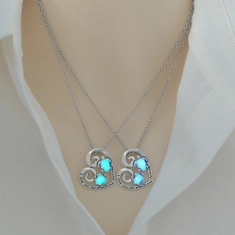 Collar de Colgante de Corazón de Tortuga Marina Luminosa de Acero Inoxidable Plata Brilla Oscuridad Esmalte Joyería Mujer
