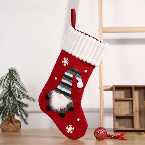 Christmas Stocking Gnome Plush Knitted Embroidered Snowflake Pattern Hanging Gift Bag Holiday Home Decoration Ornament