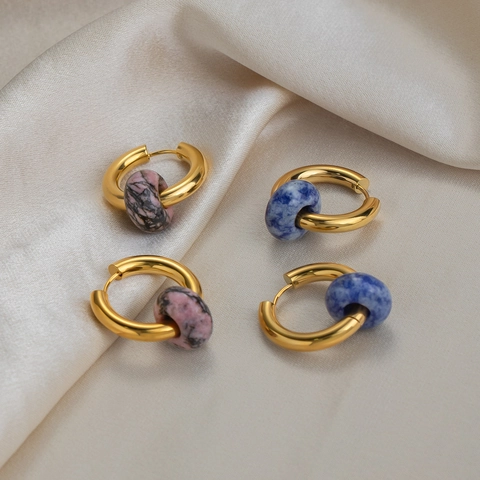 Vintage Gold Plated Stainless Steel Hoop Earrings With Colorful Stone Beads Waterproof Hypoallergenic For Women