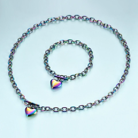 Collana E Bracciale In Acciaio Inossidabile Con Ciondolo A Cuore Arcobaleno Gioielli Colorati Con Chiusura A Gancio Per Donna