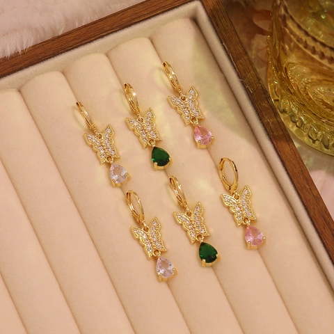 Boucles D'oreilles Pendantes Papillon Cuivre Micro Pavé Zircone Pendentif Goutte D'eau Bijoux Élégants Pour Femmes