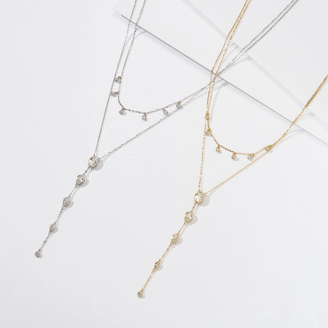 925 Sterling Silver Double Layer Y Pendant Necklace With Water Drop Zirconia Gold Silver Plated Jewelry For Women Gift