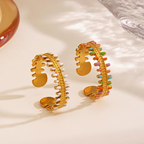 Fishbone Open Ring 18K Gold Plated Stainless Steel Colorful Enamel Adjustable Sawtooth Jewelry For Women