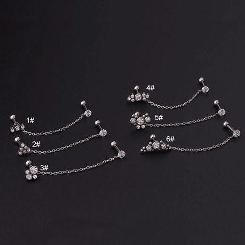 Cadena Pendiente Doble Perforación Acero Inoxidable Zirconia Cartílago Stud Tornillo Espalda Joyería Corporal Mujeres