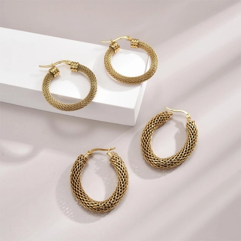 Minimalist Stainless Steel Hoop Earrings For Women Gold Plated Geometric Textured Woven Retro Style Fashion Jewelry