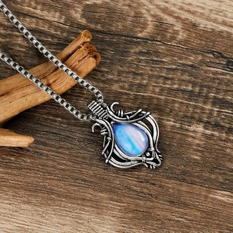 Vintage Water Drop Pendant Necklace Copper Blue Faux Moonstone Antique Silver Color Box Chain Bohemian Style Jewelry Women