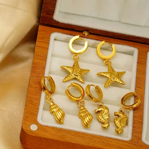 Ozean Thema Ohrringe 304 Edelstahl 18K Vergoldet Seestern Seepferdchen Delfin Muschel Anhänger Schmuck Damen