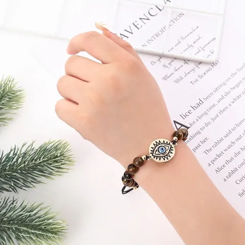 Natürliches Tigerauge Perlenarmband Böser Blick Anhänger Verstellbare Kordel Handgefertigter Ethno Schmuck