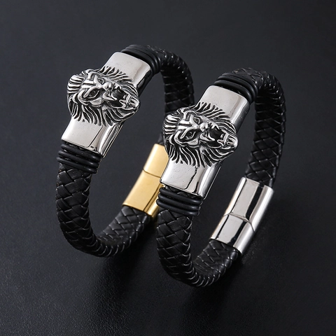 Lion Head Braided Lederarmband Für Herren Mit Edelstahl Magnetverschluss Punk Hip Hop Retro Stil Schmuck