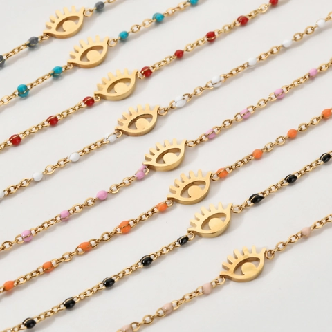 Bracciale Occhio Del Diavolo Acciaio Inossidabile Pendente Occhio Cavo Perline Smalto Colorato Placcato Oro Donna