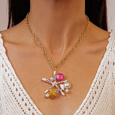 Collana Con Ciondolo Stella Marina E Conchiglia Tema Oceano Con Lega Strass E Imitazione Perla Artificial Stile Vacanza Mare Per Donna