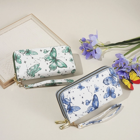 Cartera Larga Para Mujer Doble Cremallera Cuero PU Impresión Mariposa Constelación Bolso De Mano Con Correa De Muñeca