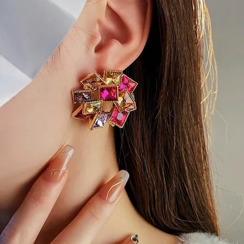 Colorful Rhinestone Flower Stud Earrings French Vintage Geometric Jewelry Gift For Women With Silver Earring Post