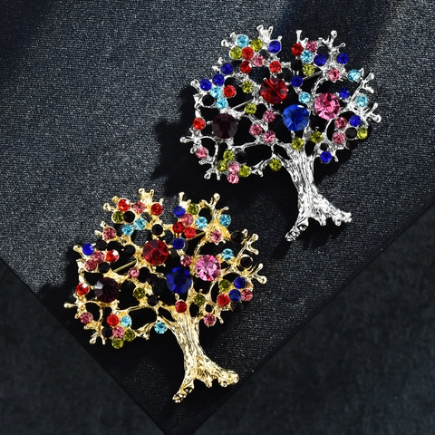 Colorful Rhinestone Tree Brooch Alloy Life Tree Pin For Women Men Party Clothing Accessory Fashion