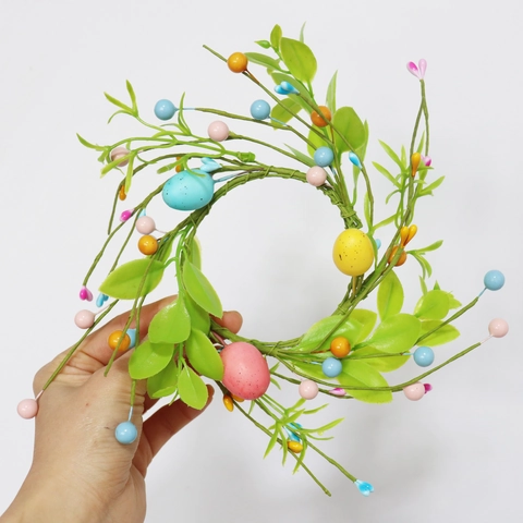 Easter Egg Wreath Candle Ring Artificial Green Leaves Colorful Berries Foam Eggs Home Table Decor Spring Ornament