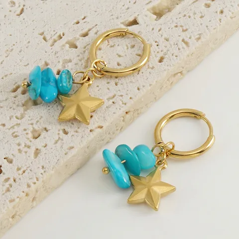 Oorbellen Ringen Roestvrij Staal 18K Verguld Natuurlijke Turkoois Steen Ster Hanger Boheems Vintage Dames Sieraden