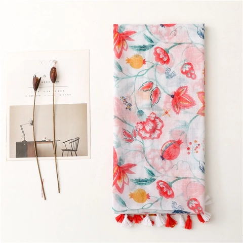 Women Floral Pomegranate Print Scarf Shawl Bali Yarn Polyester Lightweight Breathable Tassel Edge Elegant Summer Sunscreen