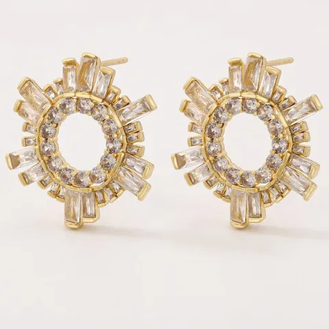 Lussuosi Orecchini a Lobo in Ottone con Zirconia a Forma di Girasole Radiale Geometrico Cavo Taglio Baguette Tondo Gioielli da Festa