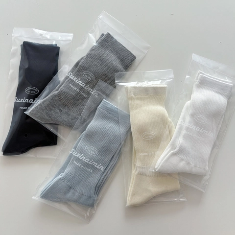 Calcetines De Algodón Media Pantorrilla Para Mujer De Punto Acanalado Transpirables Color Sólido Casuales Suaves