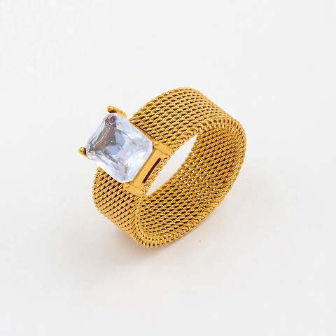 Vintage Stainless Steel Mesh Zircon Ring For Women Gold Plated Rectangle Colorful Crystal Finger Ring Fashion Jewelry