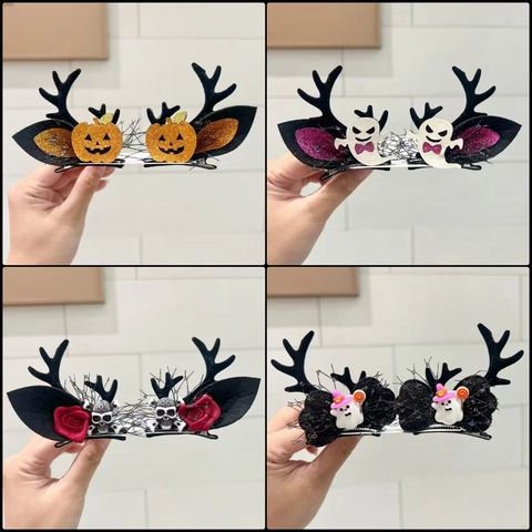 Mollette Per Capelli Corna Halloween Zucca Fantasma Teschio Rosa Plastica Resina Feltro Tessuto Festa Costume