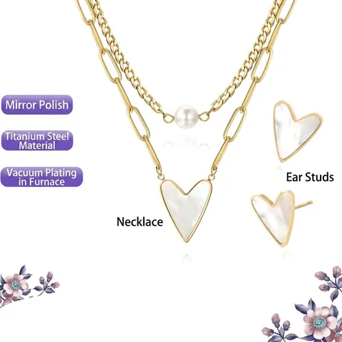 Collier Et Boucles D'oreilles Cœur En Nacre Bijoux En Acier Titane Avec Künstliche Perles D'imitation Élégant Minimaliste Femme
