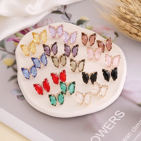 Butterfly Stud Earrings Copper Glass Zircon With 925 Sterling Silver Earring Post Elegant Multi Color Women Accessories