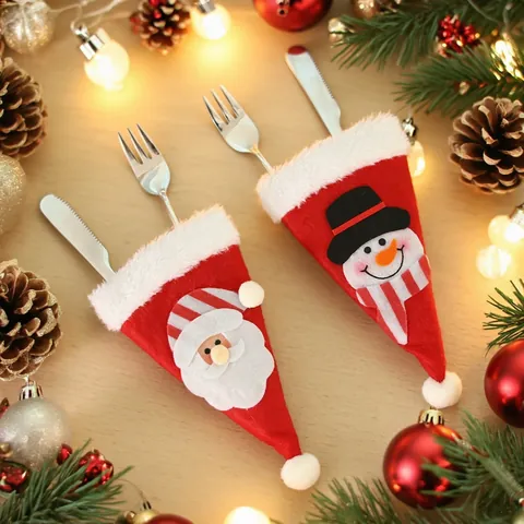 Porte Couverts De Noël Père Noël Bonhomme De Neige Sacs À Couverts Mini Chapeau Poches Pour Couteaux Fourchettes Tissu Décorations