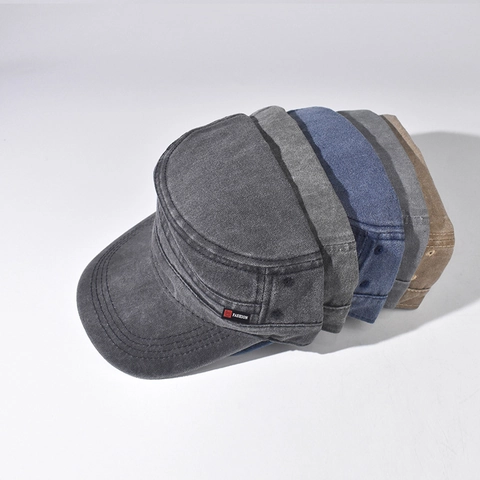 Vintage Washed Distressed Cotton Cadet Cap For Men Women Flat Top Military Hat Adjustable Fashion Label Outdoor Sun Hat