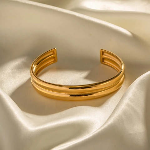 18K Gold Plated Stainless Steel Double Layer Ribbed Cuff Bracelet Geometric Minimalist Fashion Jewelry For Women Everyday Wear