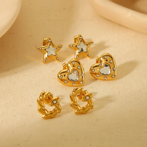 Orecchini A Lobo Cuore Stella Pianeta Acciaio Inossidabile Placcato Oro 18K Con Zircone Gioielli Per Donne