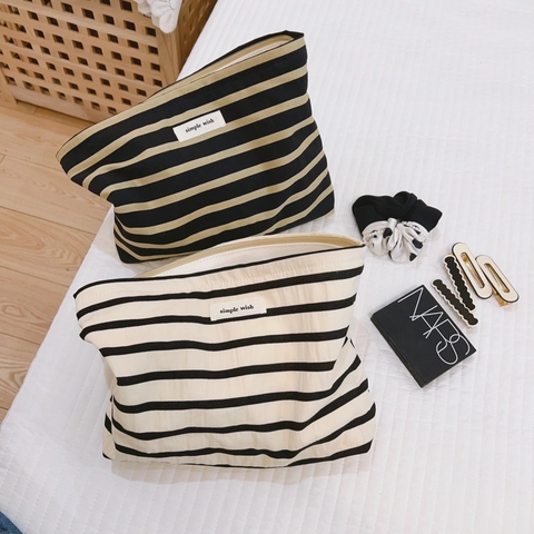 Striped Cotton Canvas Makeup Bag Large Capacity Travel Cosmetic Pouch Zipper Organizer Portable Storage Bag