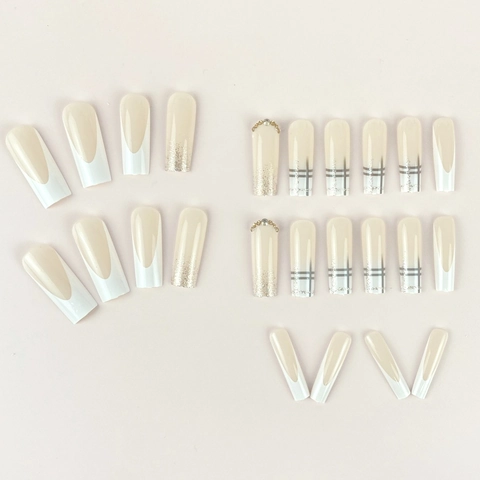 Extra Long Press On Nails Square Fake Nails Brown White Checkered Pattern French Tip With Rhinestones Glitter For Women
