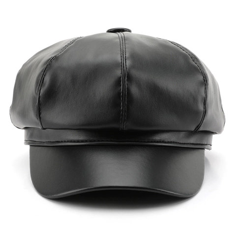 PU Leather Newsboy Cap For Women Retro Solid Color Octagonal Beret Hat Autumn Winter Fashion Streetwear Accessory